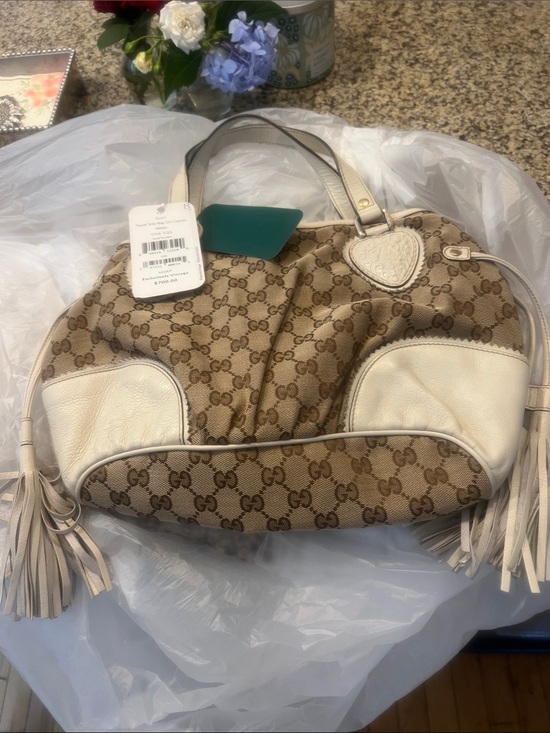 Gucci Handbags - Gucci Beige GG Supreme Canvas Shoulder Bag with White Leather Trim